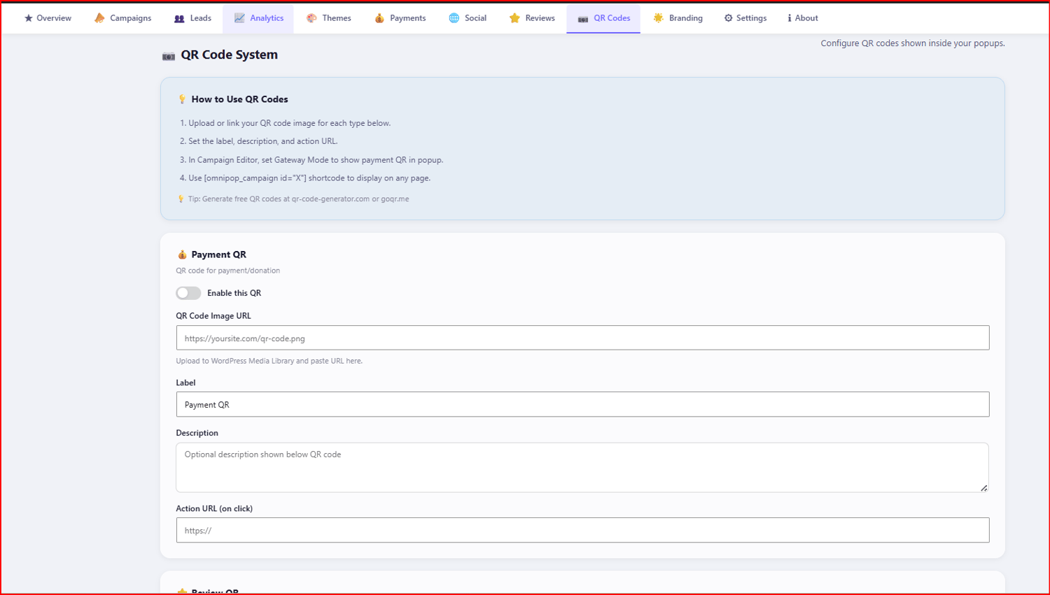 OmniPop Engage Pro+ dashboard screenshot featuring popup campaigns, lead management, conversion analytics, review collection, QR code marketing, payment integration, and social growth tools for WordPress websites