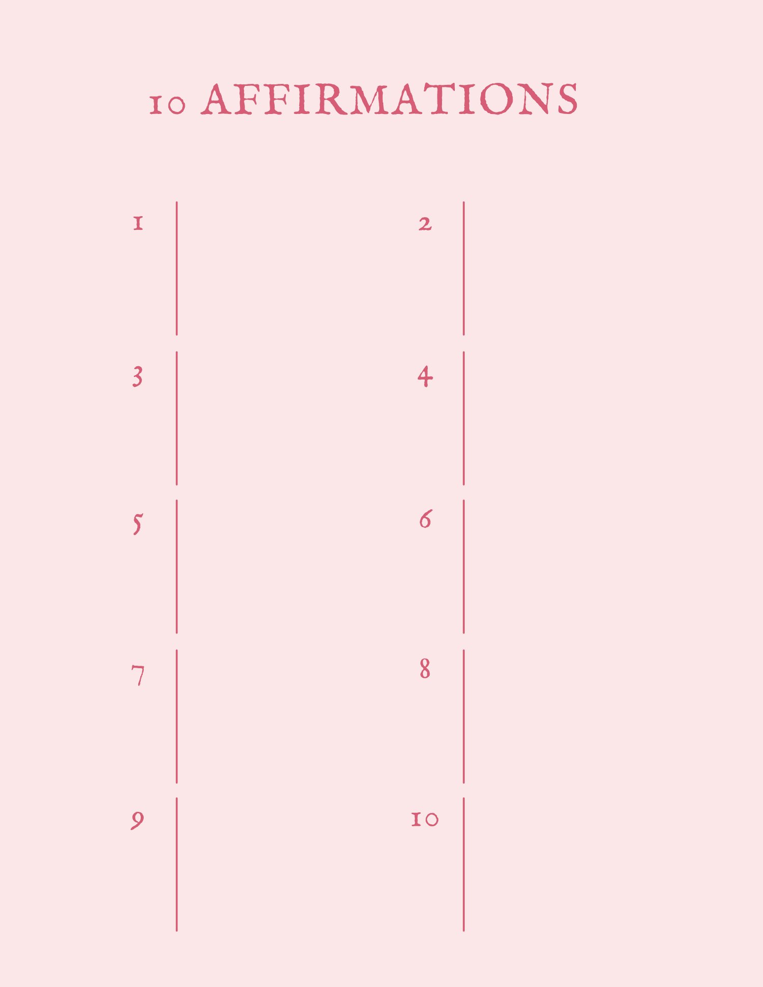 Numbered list layout for tracking 10 core affirmations.
