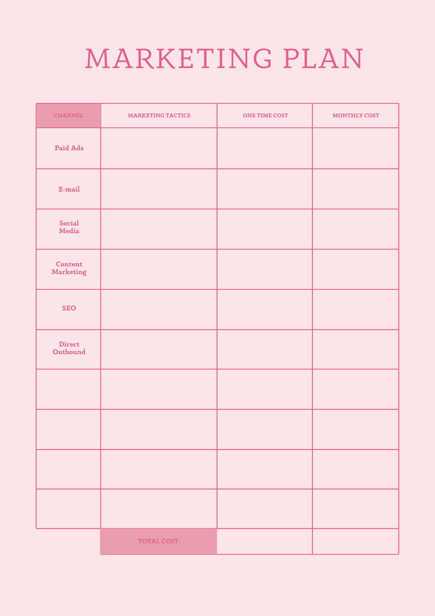 Comprehensive marketing plan template for organizing channels and costs.