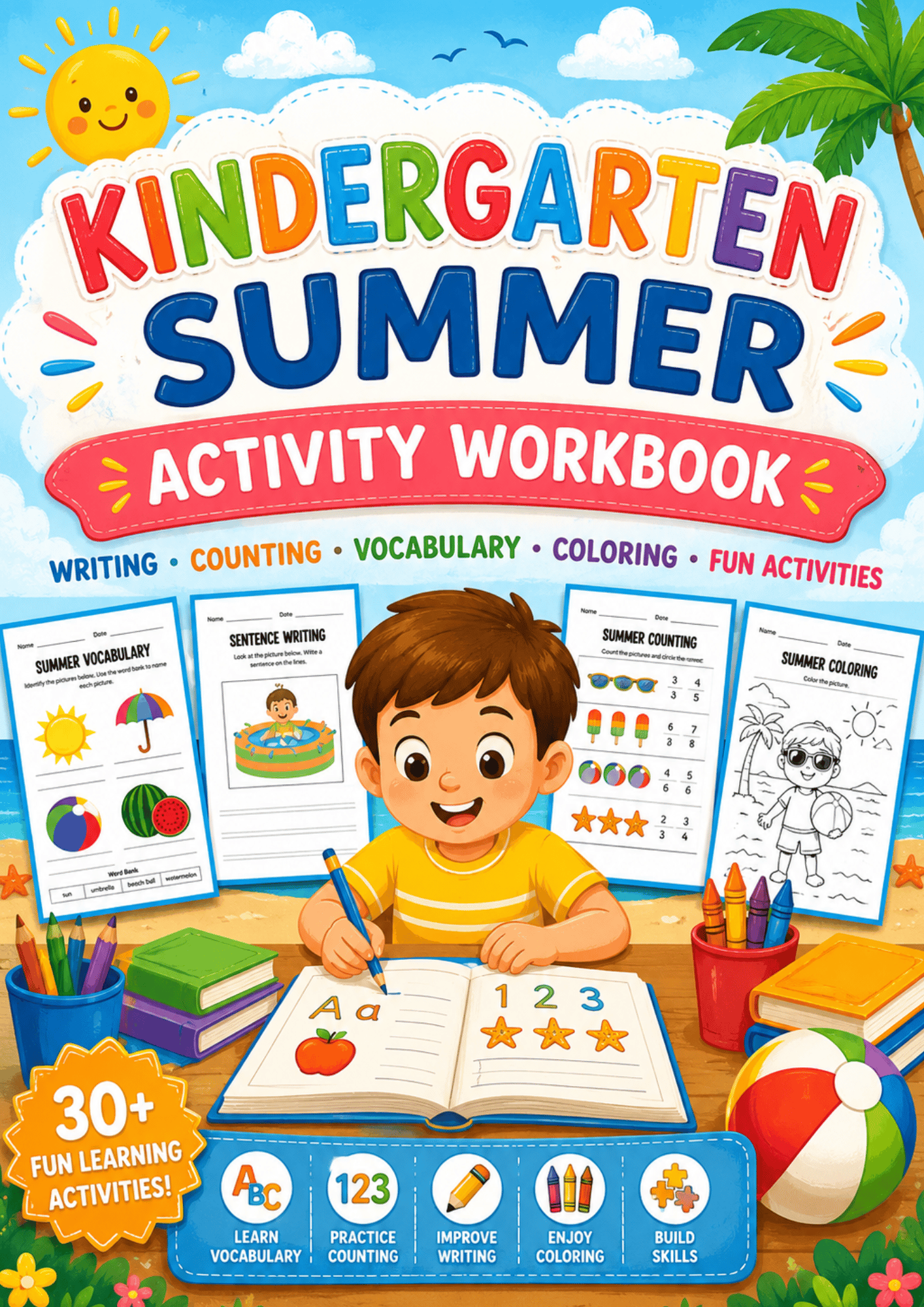 Colorful Kindergarten Summer Activity Workbook featuring writing, counting, vocabulary, coloring, and fun educational activities for young children.