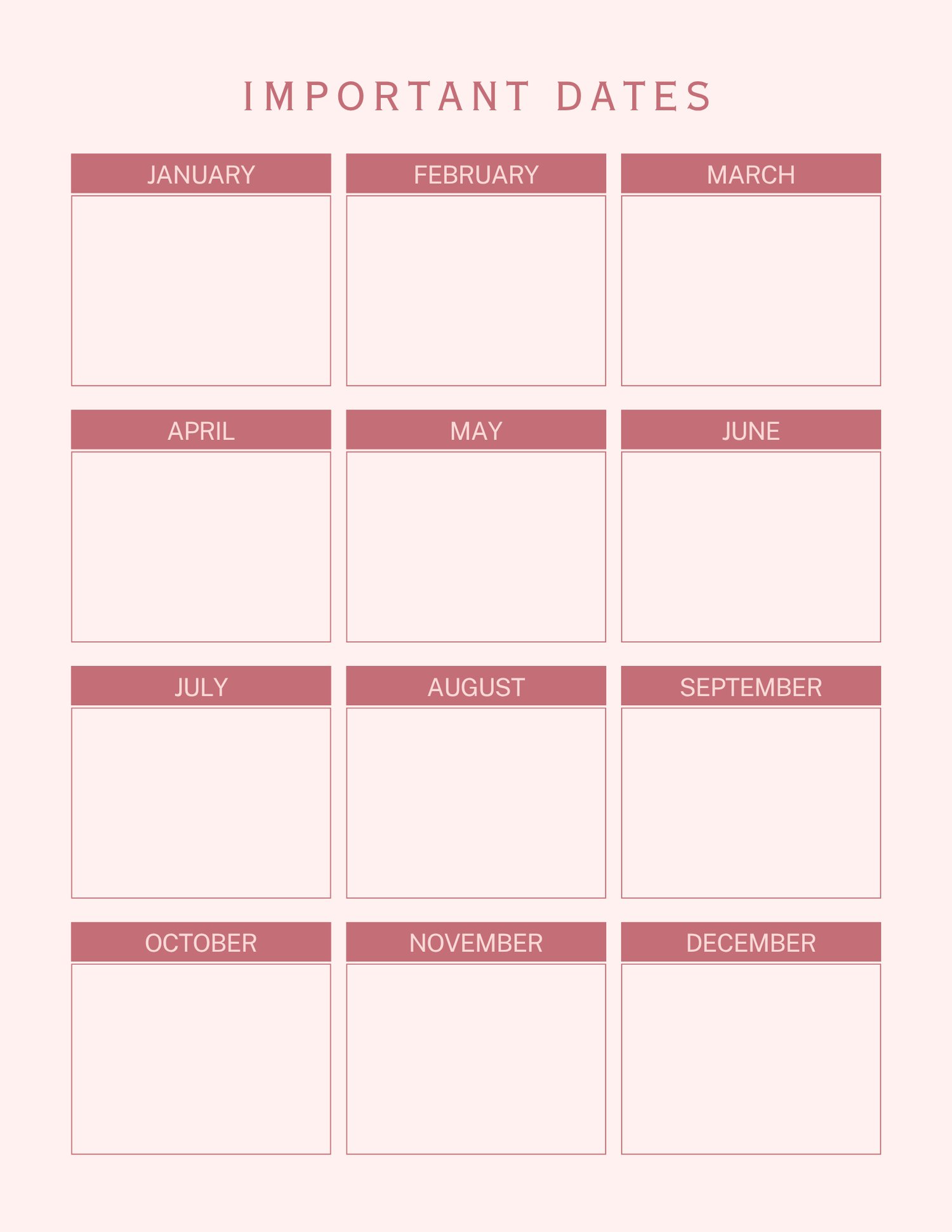 Important dates calendar overview page for January through December