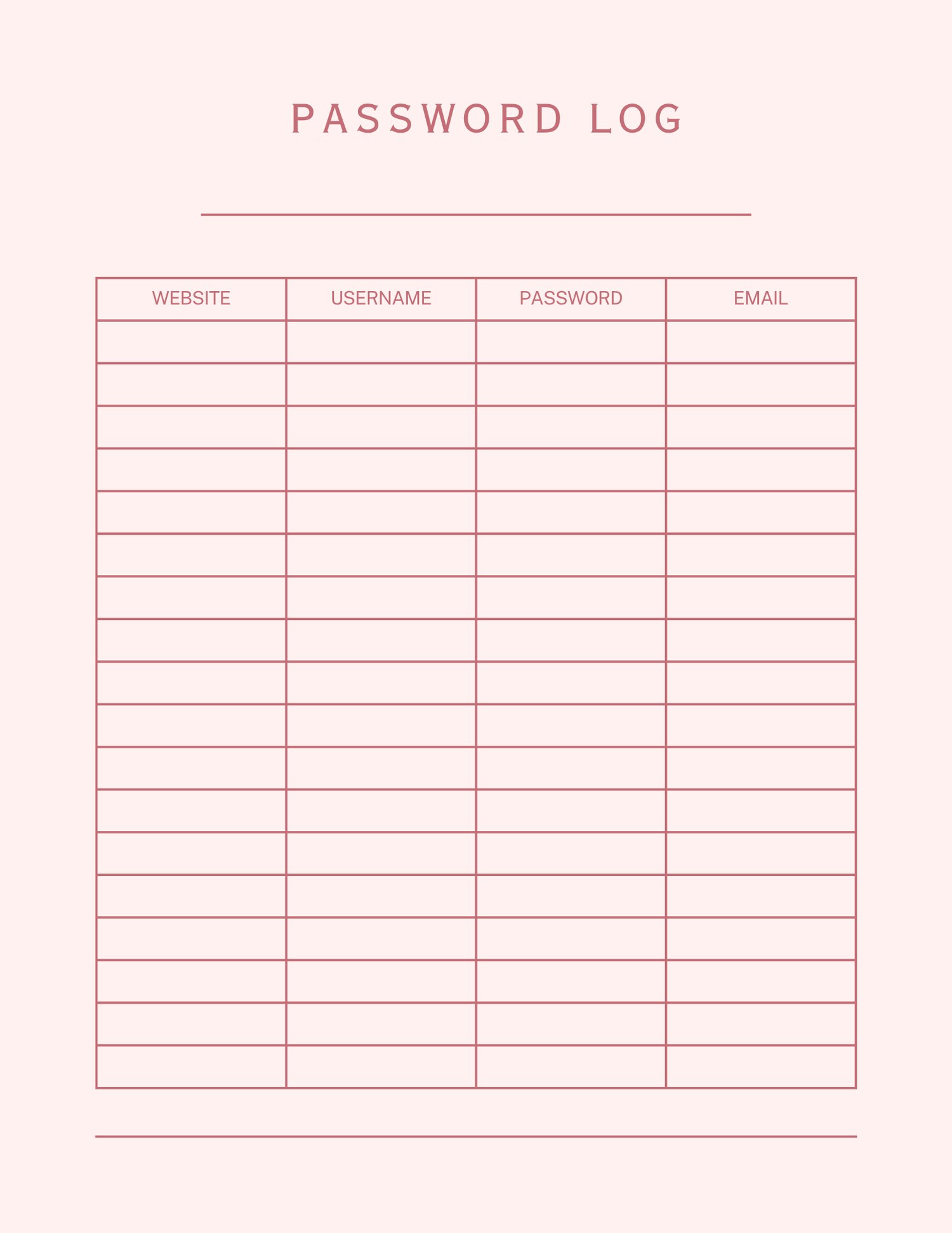 Digital password log page to securely organize websites, usernames, and passwords