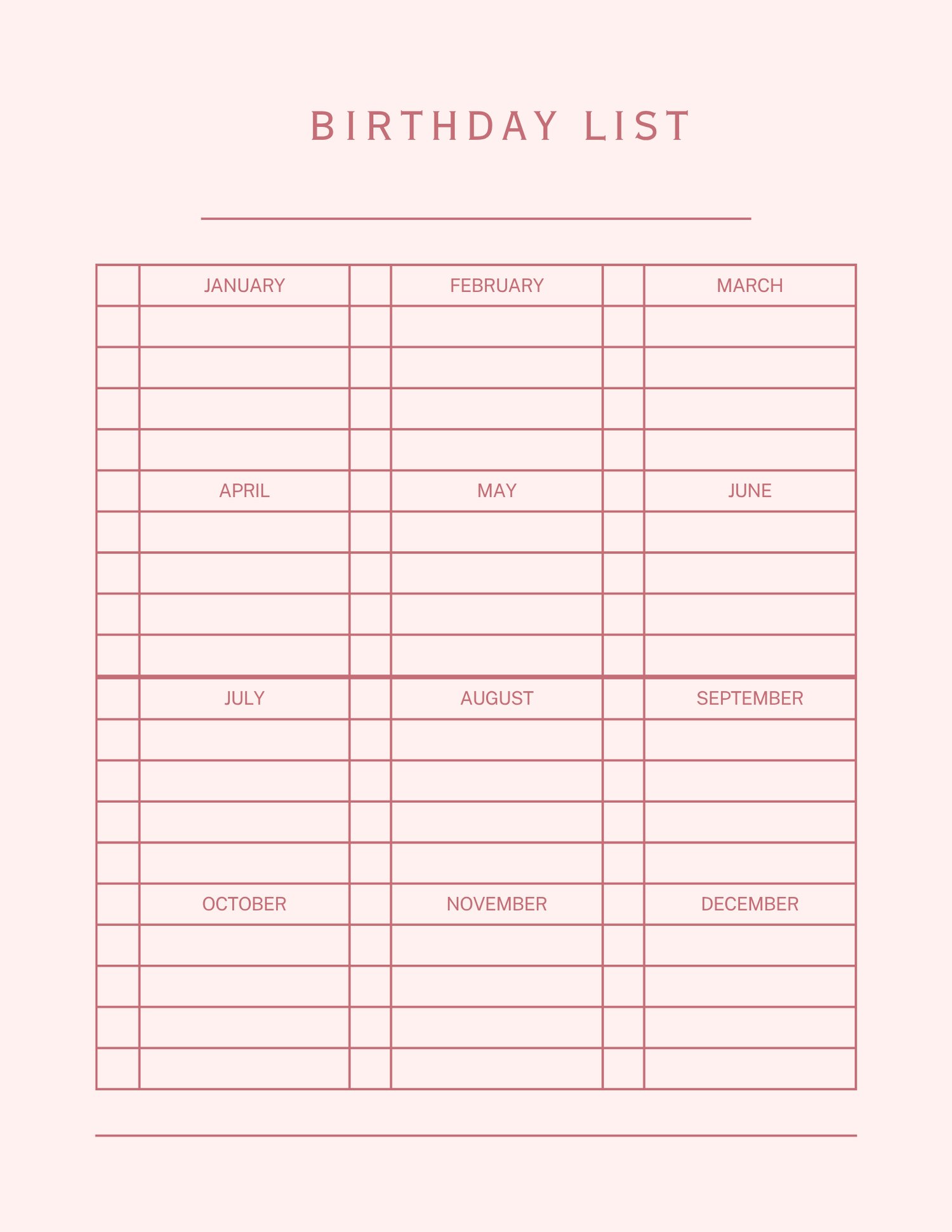 Annual birthday list organizer by month for 2026