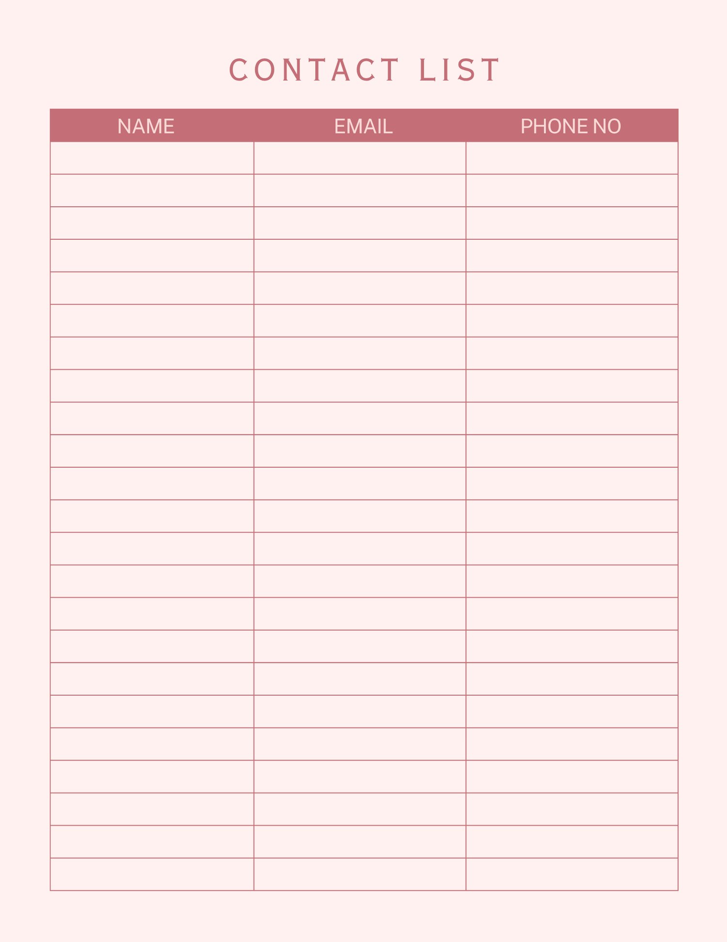 Clean, organized contact list template with fields for name, email, and phone number