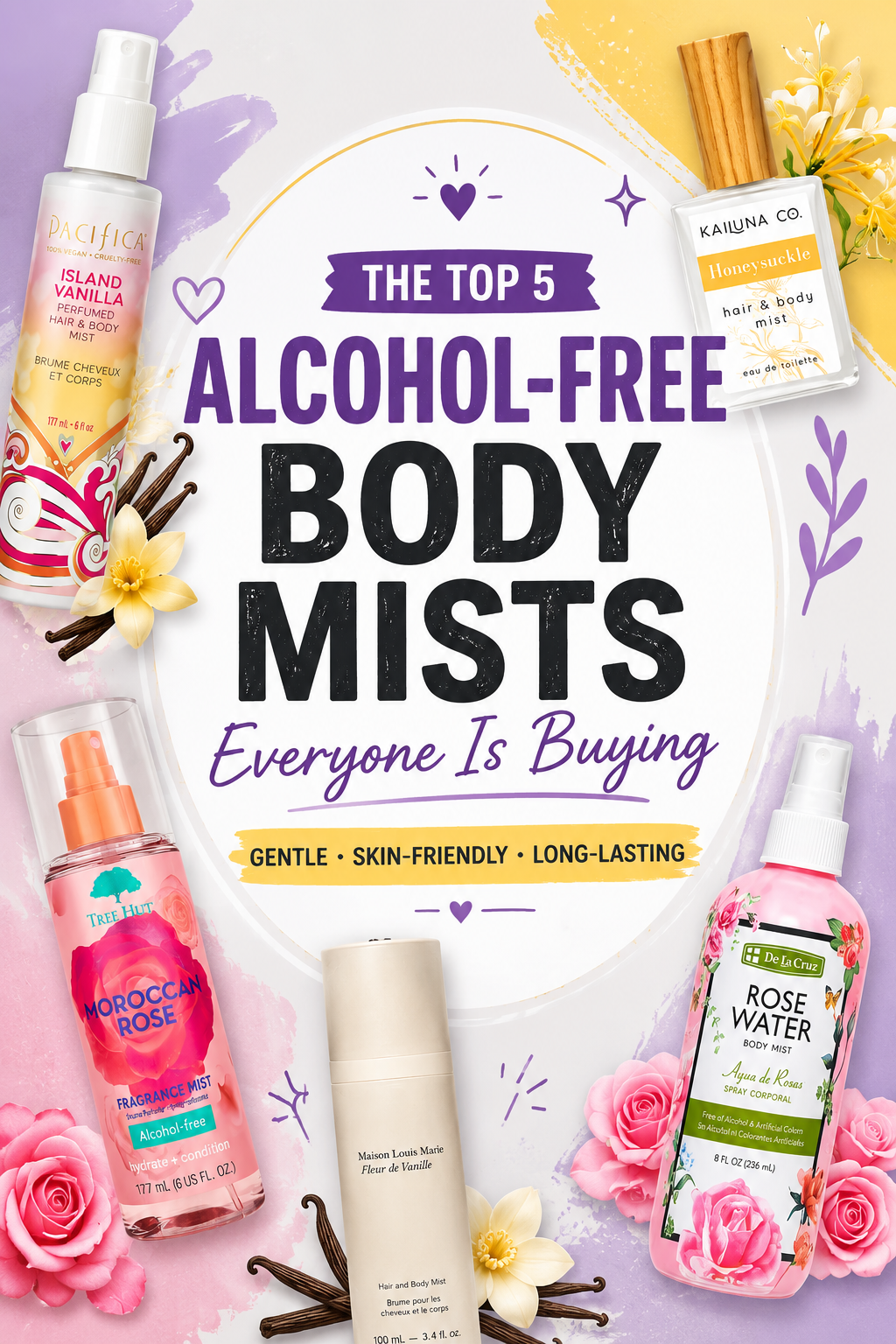 Discover the 5 best alcohol-free body mists worth every penny, including Pacifica Island Vanilla, Kailuna Co. Honeysuckle, Tree Hut Moroccan Rose, Maison Louis Marie Fleur de Vanille, and De La Cruz Rose Water Mist.
