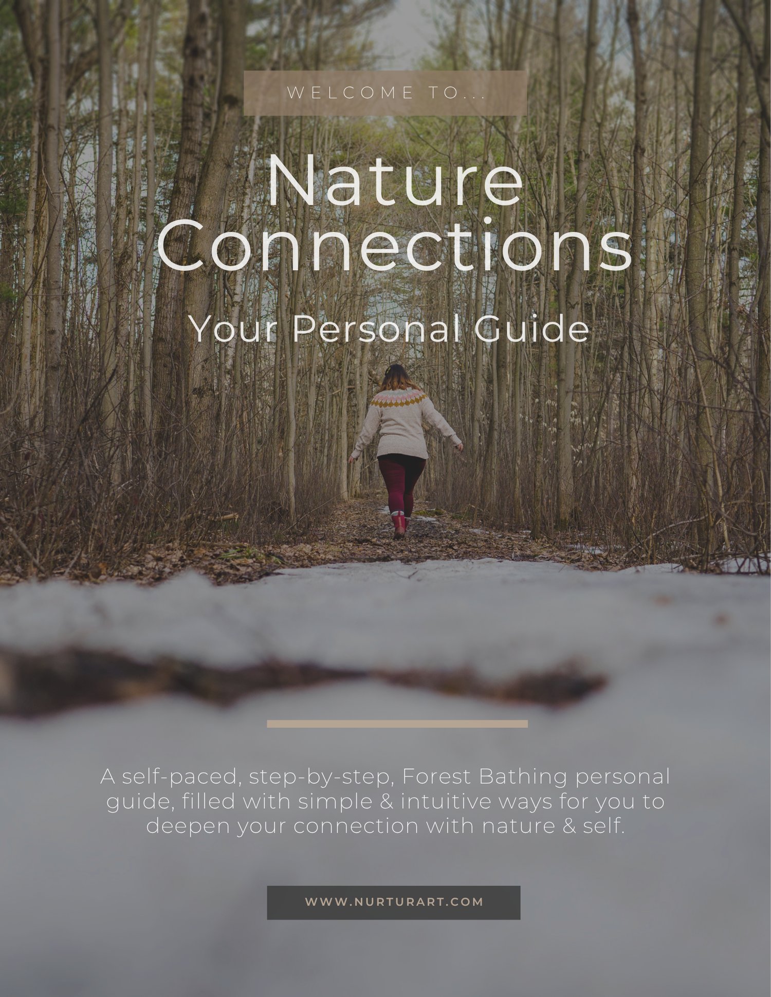 a person walking in the forest, connecting to nature using their sense of touch, smell, hearing.