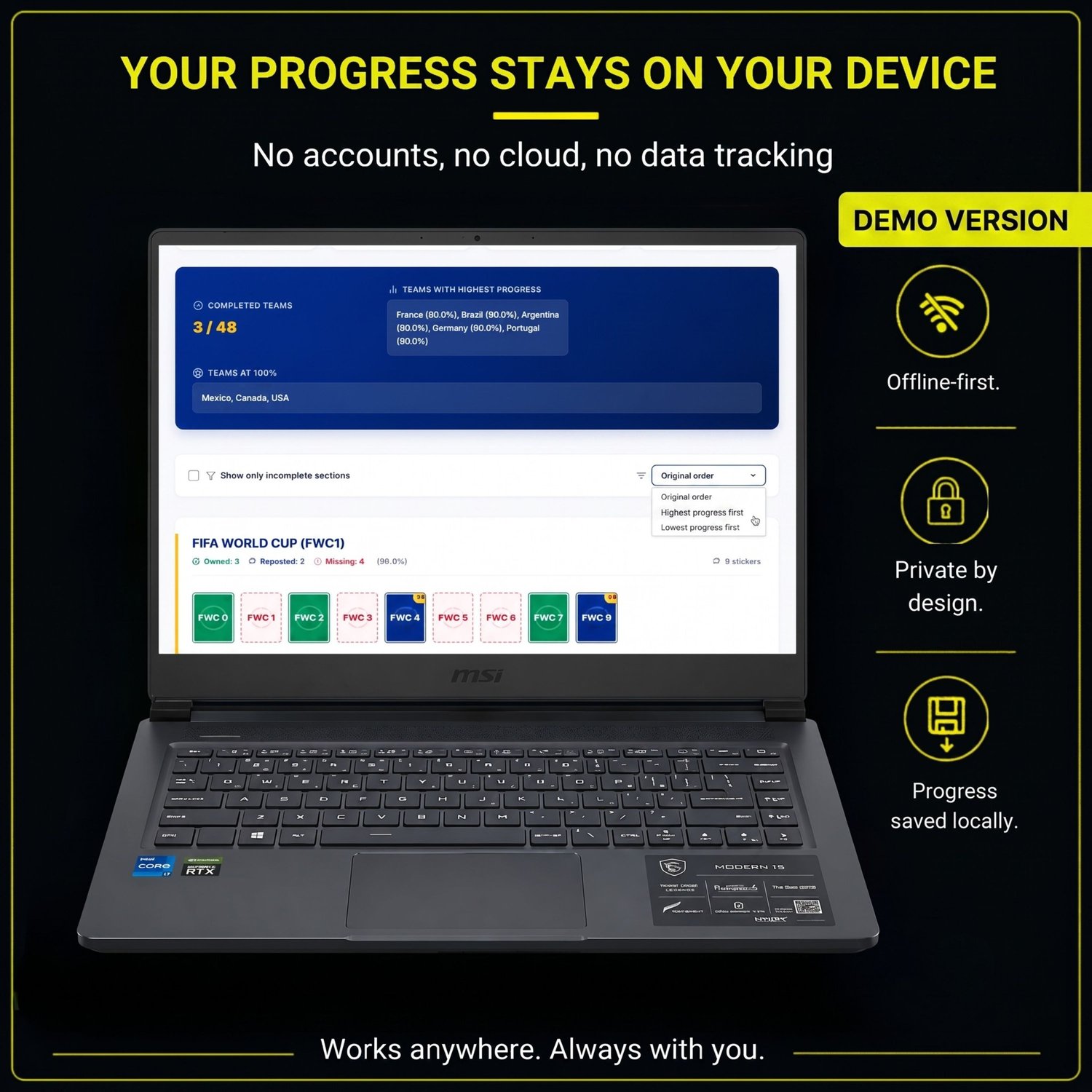 Laptop screen displaying the offline, private auto-save capabilities of the Panini World Cup 2026 sticker tracker app.