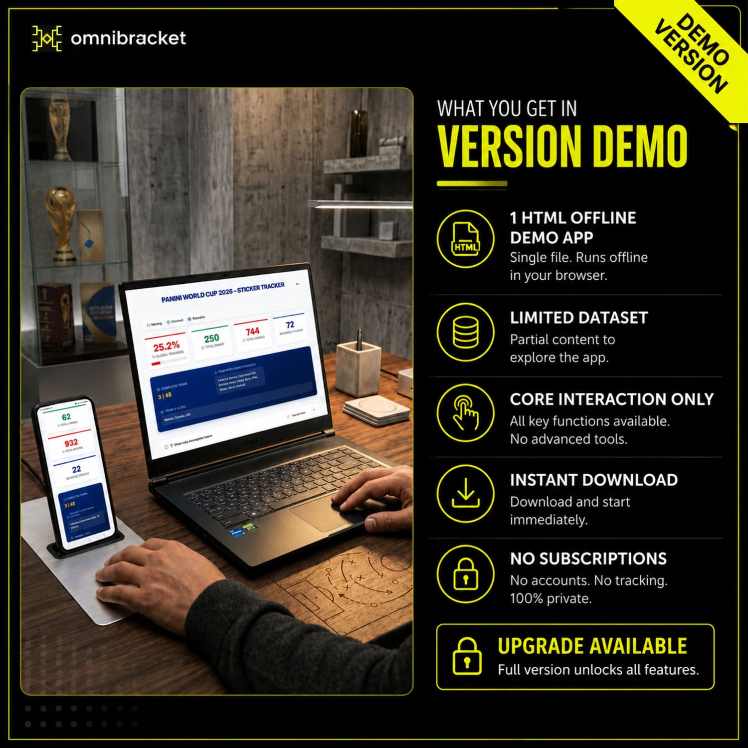 Summary of features included in the free demo download of the offline HTML sticker tracker for desktop and mobile devices.