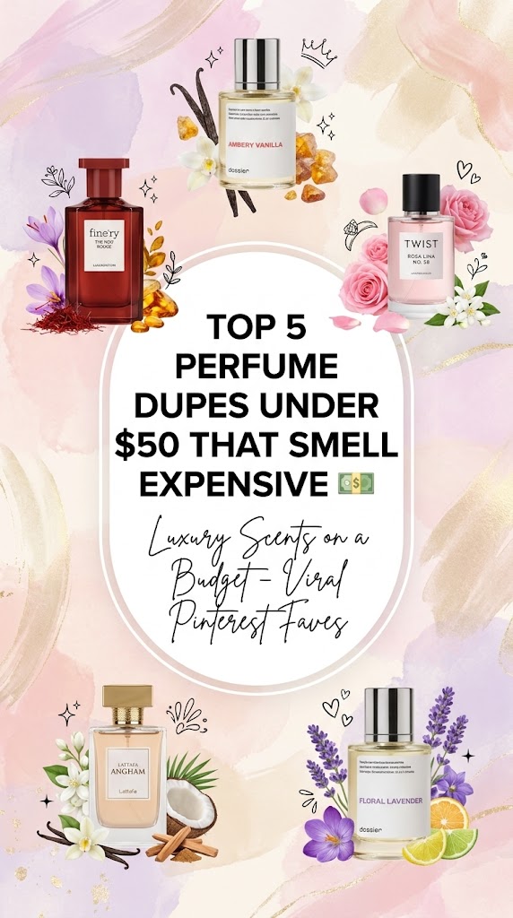 Discover the top 5 perfume dupes under $50 that smell expensive, including Dossier Ambery Vanilla, Fine'ry The New Rouge, Twist Rosa Lina No. 58, Lattafa Angham, and Dossier Floral Lavender.