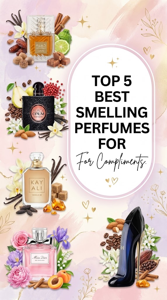 Discover the top 5 best smelling perfumes for compliments, including Lattafa Khamrah, YSL Black Opium, Kayali Vanilla 28, Miss Dior, and Carolina Herrera Good Girl. Popular fragrances that turn heads and earn compliments.