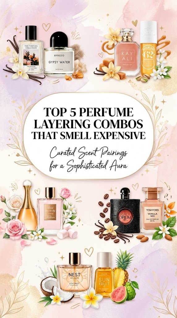 Discover the top 5 perfume layering combos that smell expensive AF, featuring Kayali Vanilla 28, Byredo Gypsy Water, Dior J'adore, Kilian Love Don't Be Shy, YSL Black Opium, Tom Ford Vanilla Sex, and more.