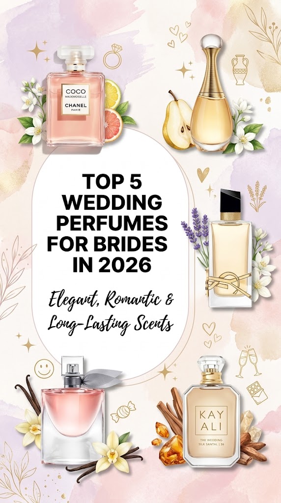 Discover the top 5 wedding perfumes for brides in 2026, including Chanel Coco Mademoiselle, Dior J'adore, YSL Libre, Lancôme La Vie Est Belle, and Kayali The Wedding Silk Santal. Elegant, romantic, and long-lasting bridal fragrances.
