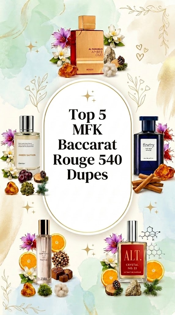 Discover the top 5 MFK Baccarat Rouge 540 dupes, including Al Haramain Amber Oud Rouge, Dossier Ambery Saffron, Fine'ry The New Rouge, Zara Red Temptation, and ALT. Crystal No. 23.