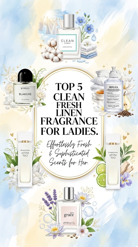 Discover the top 5 clean fresh linen fragrances for ladies, including Clean Warm Cotton, Byredo Blanche, Replica Lazy Sunday Morning, Elizabeth Arden White Tea, and Philosophy Pure Grace. Crisp, airy, and elegant perfumes for everyday wear.
