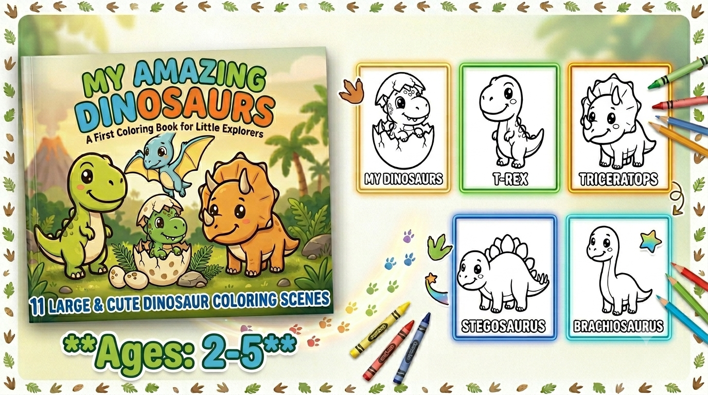 "Marketing display for a kids printable dinosaur coloring book. On the left is the colorful book cover. On the right are five framed black and white coloring page samples featuring a hatching baby dinosaur, a T-Rex, a Triceratops, a Stegosaurus, and a Br