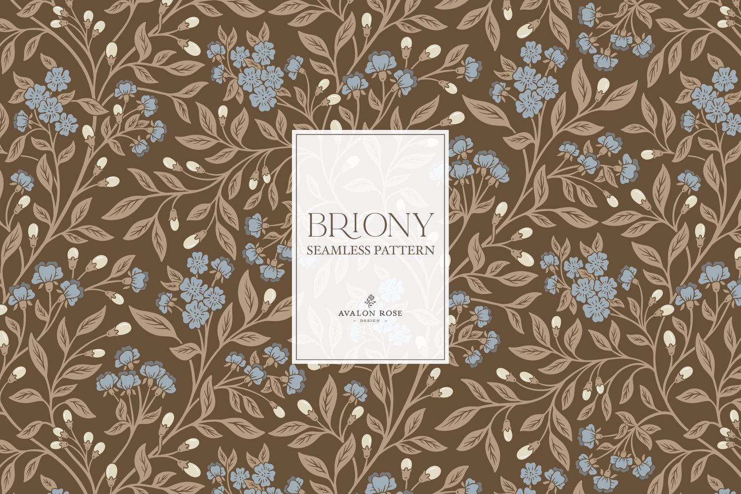 Vintage-inspired farmhouse style seamless surface pattern featuring intertwined climbing florals and leaves in blue and brown
