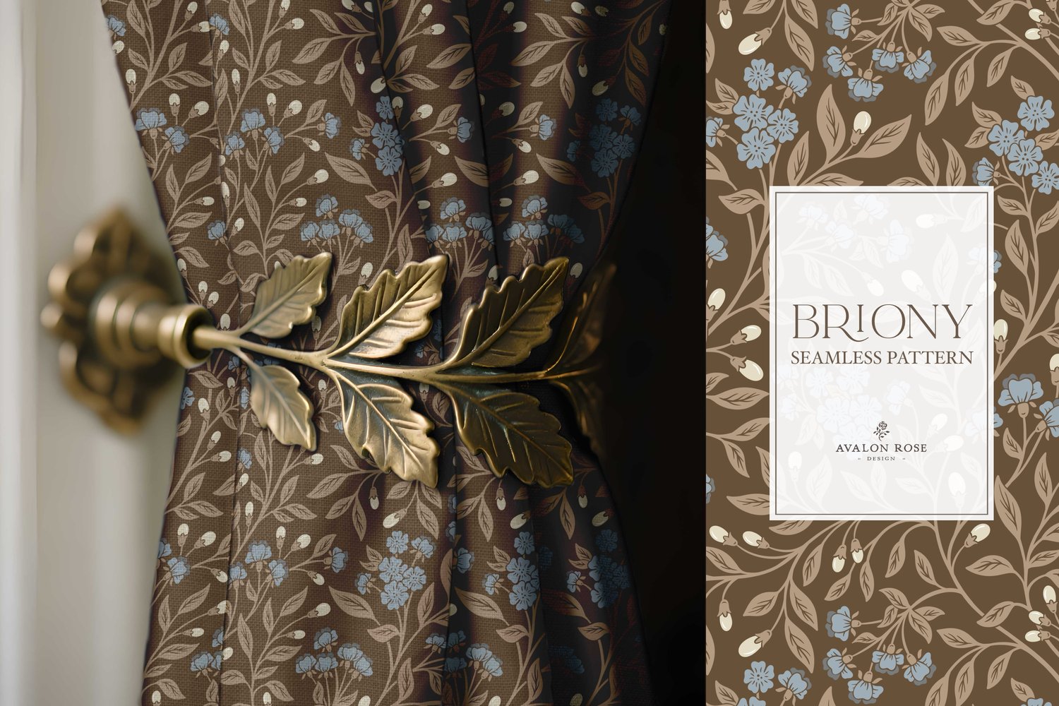 Vintage-inspired farmhouse style seamless surface pattern featuring intertwined climbing florals and leaves in blue and brown