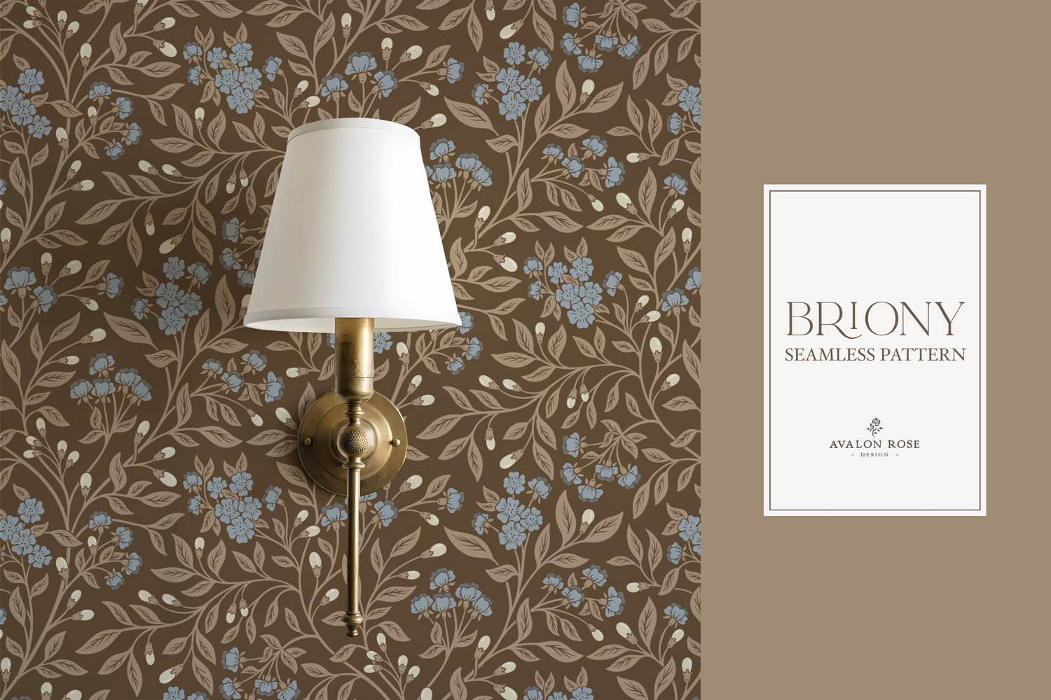 Vintage-inspired farmhouse style seamless surface pattern featuring intertwined climbing florals and leaves in blue and brown