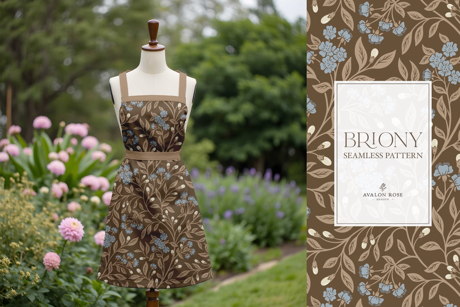 Vintage-inspired farmhouse style seamless surface pattern featuring intertwined climbing florals and leaves in blue and brown