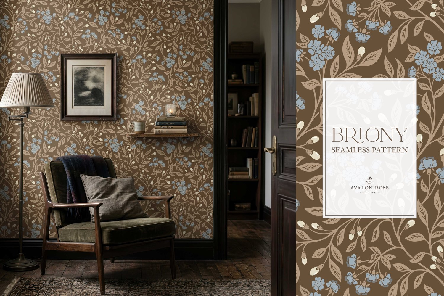 Vintage-inspired farmhouse style seamless surface pattern featuring intertwined climbing florals and leaves in blue and brown