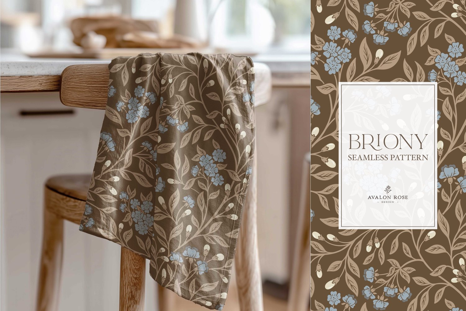 Vintage-inspired farmhouse style seamless surface pattern featuring intertwined climbing florals and leaves in blue and brown