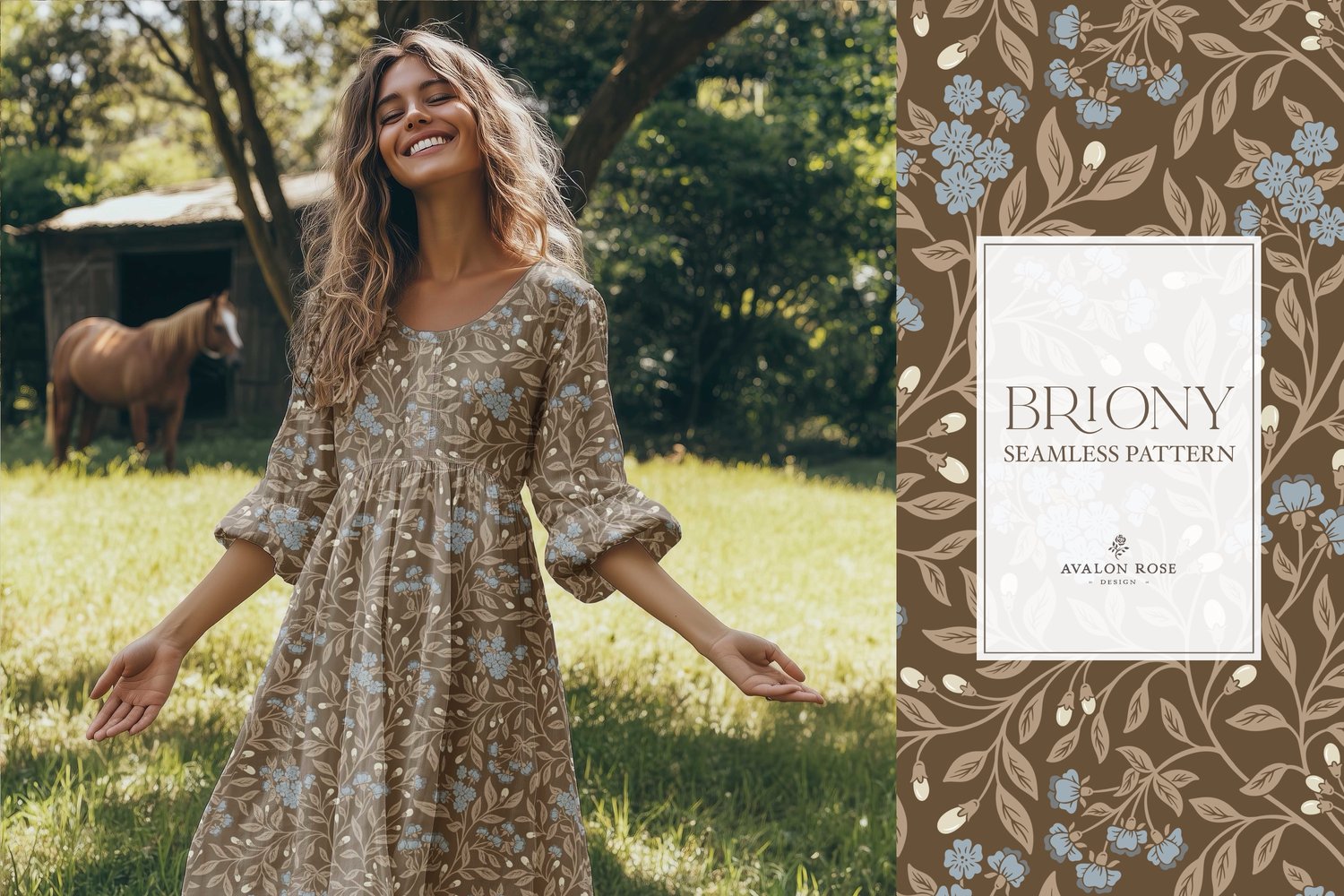 Vintage-inspired farmhouse style seamless surface pattern featuring intertwined climbing florals and leaves in blue and brown