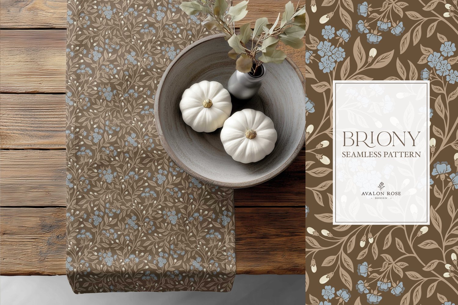 Vintage-inspired farmhouse style seamless surface pattern featuring intertwined climbing florals and leaves in blue and brown