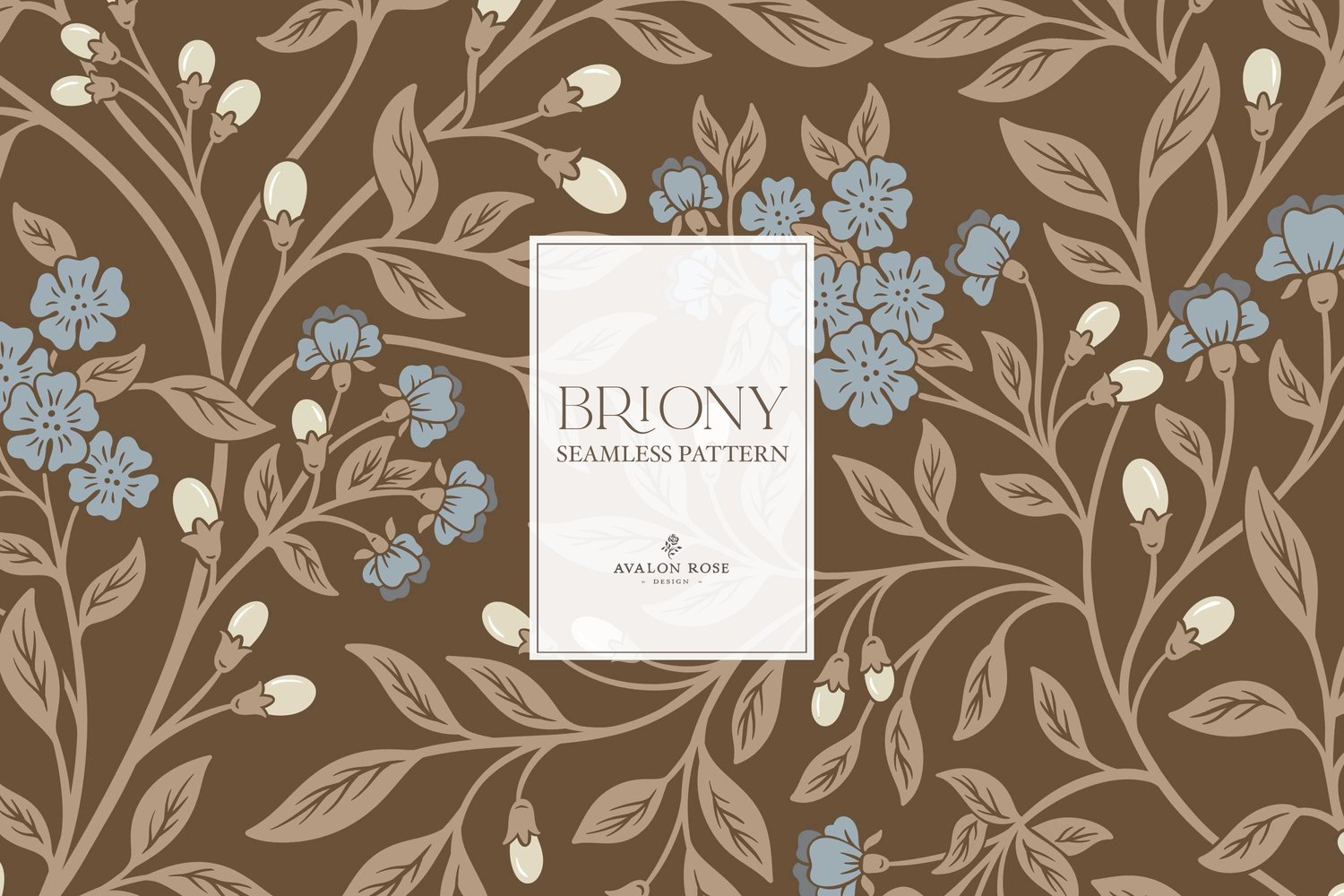 Vintage-inspired farmhouse style seamless surface pattern featuring intertwined climbing florals and leaves in blue and brown