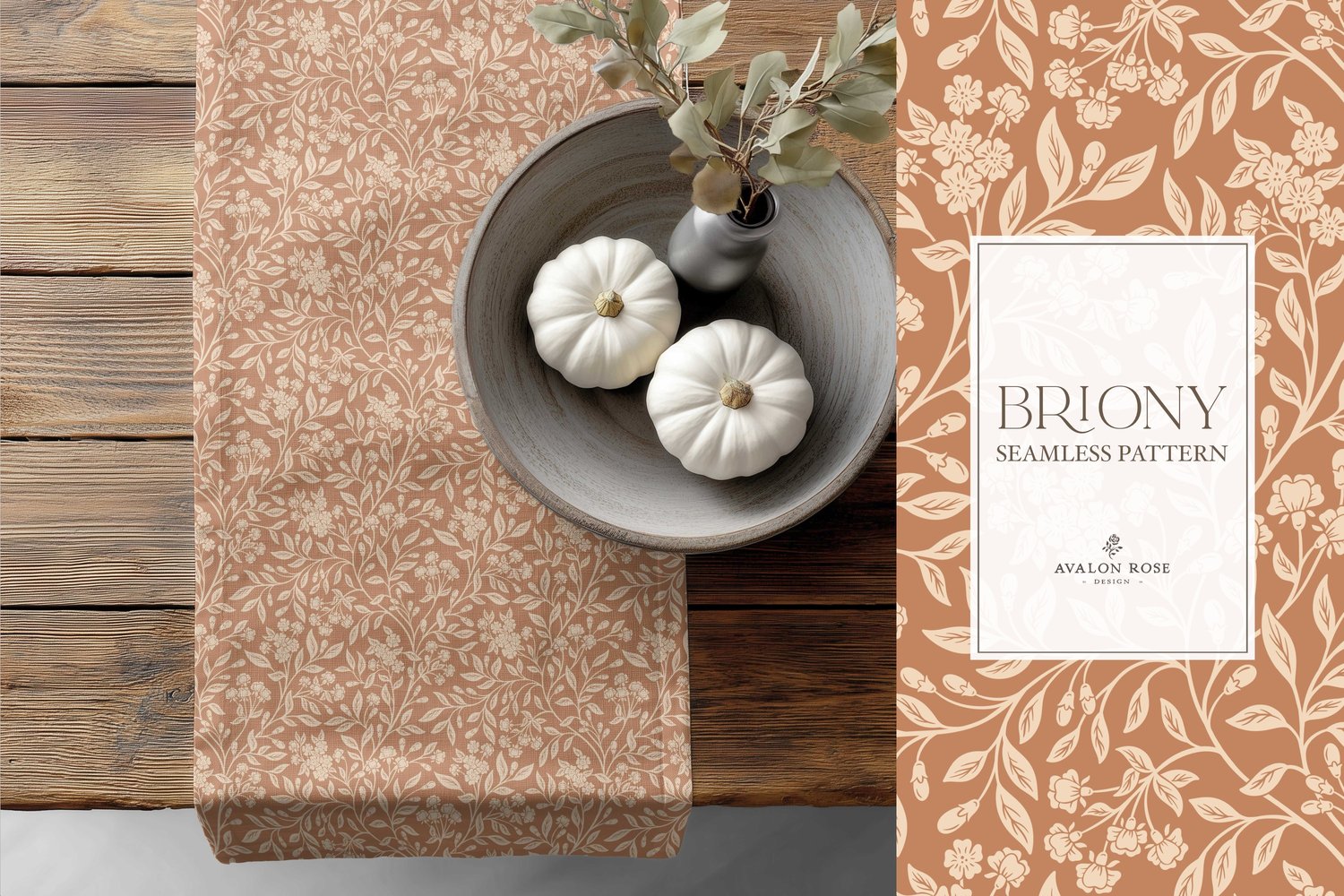 Vintage-inspired farmhouse style seamless surface pattern featuring intertwined climbing florals and leaves in terracotta