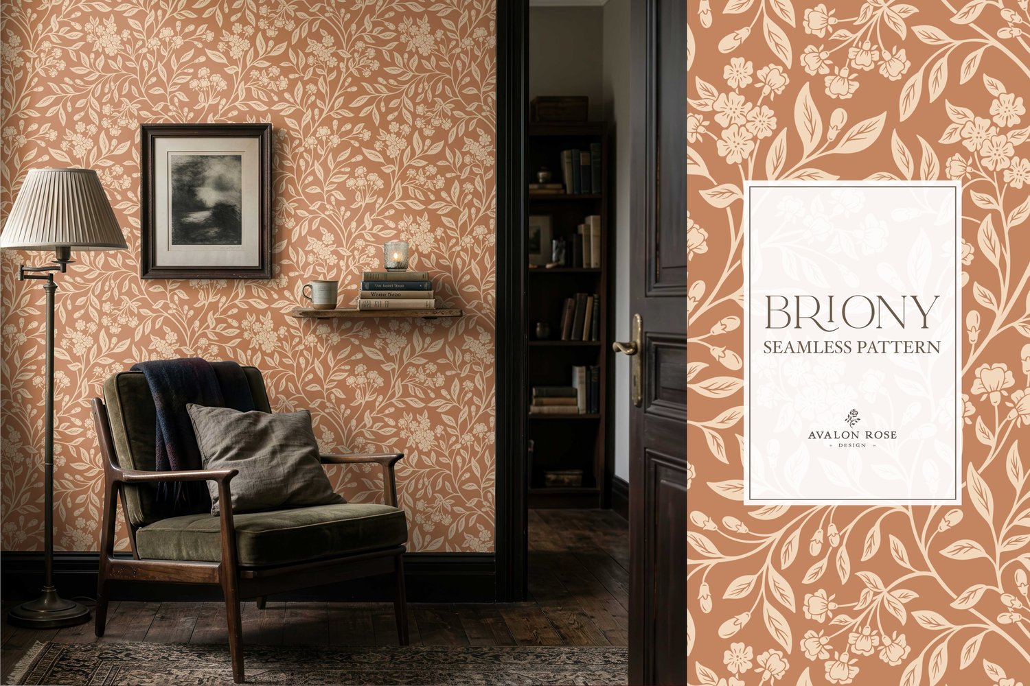Vintage-inspired farmhouse style seamless surface pattern featuring intertwined climbing florals and leaves in terracotta