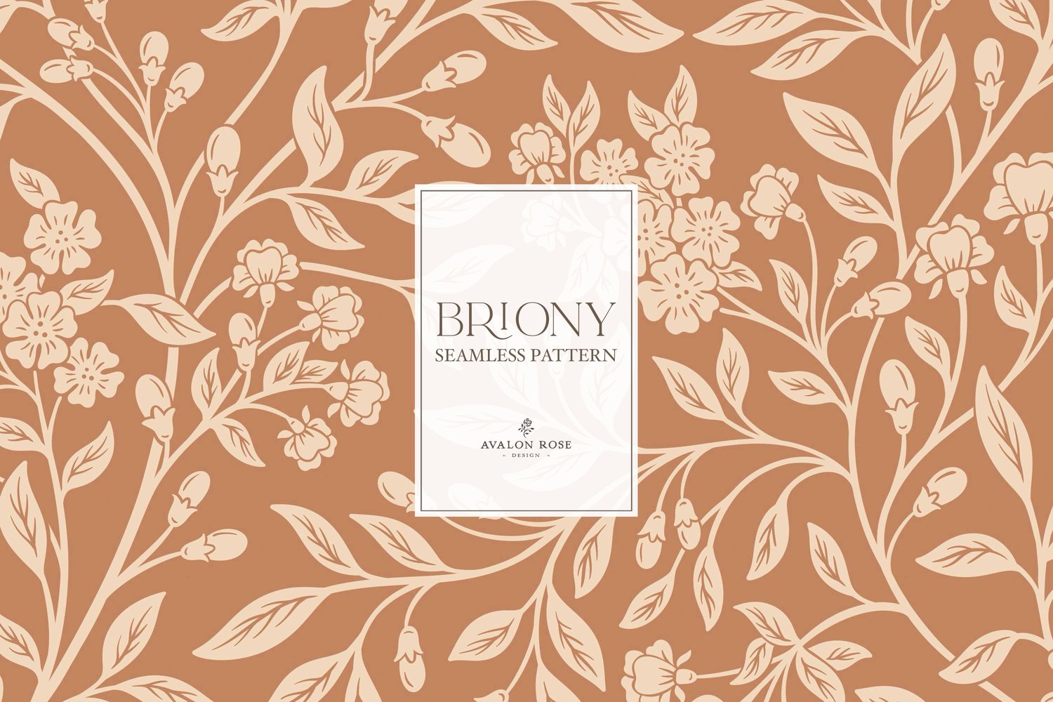 Vintage-inspired farmhouse style seamless surface pattern featuring intertwined climbing florals and leaves in terracotta