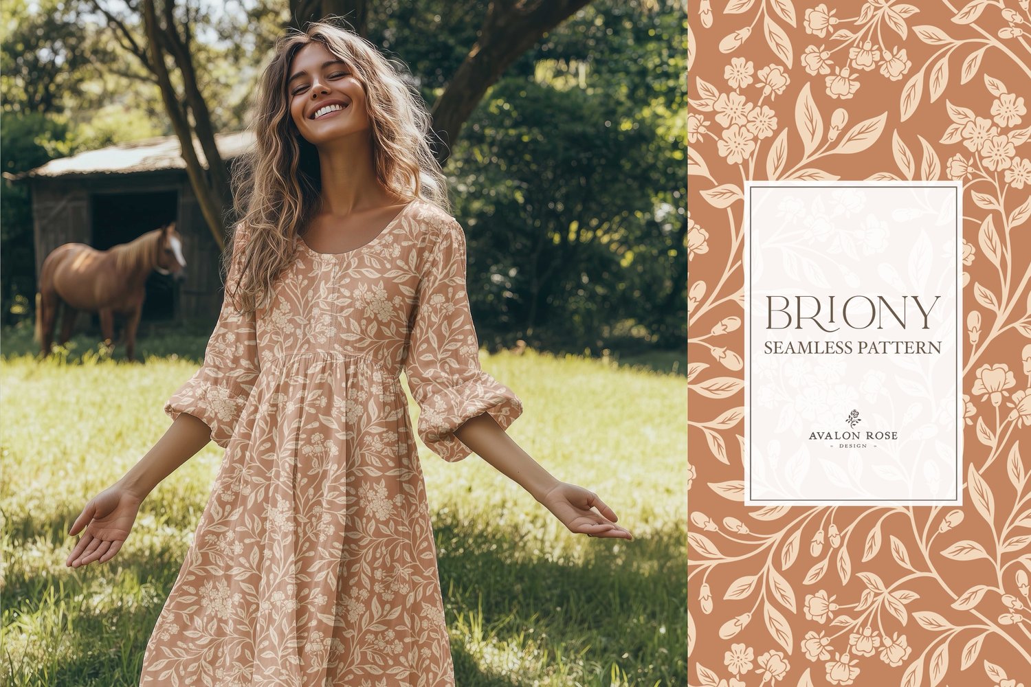 Vintage-inspired farmhouse style seamless surface pattern featuring intertwined climbing florals and leaves in terracotta