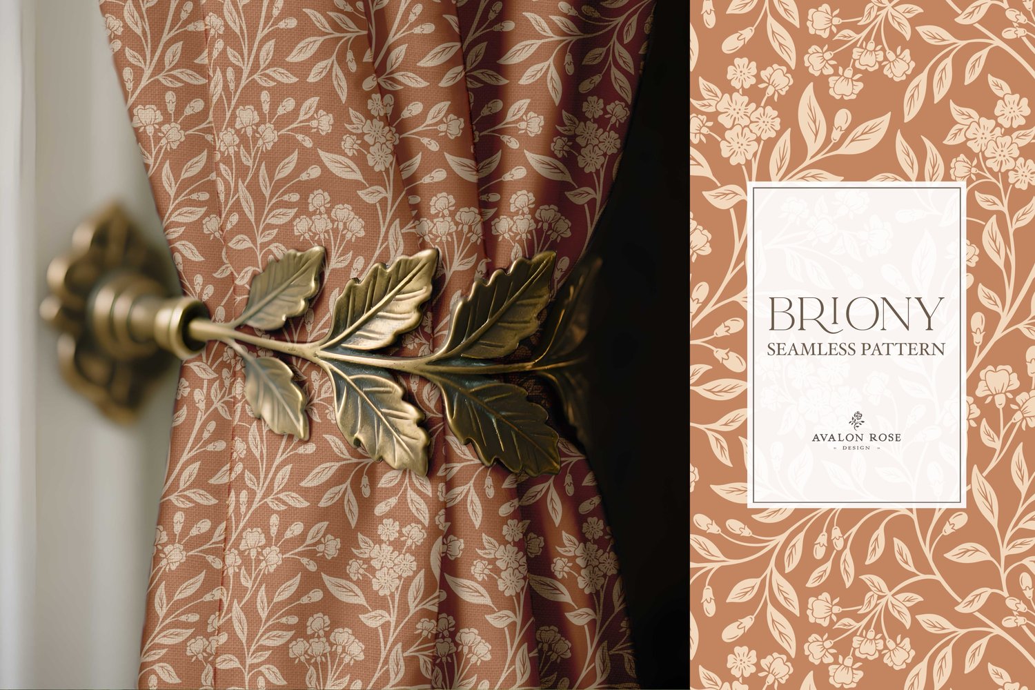 Vintage-inspired farmhouse style seamless surface pattern featuring intertwined climbing florals and leaves in terracotta