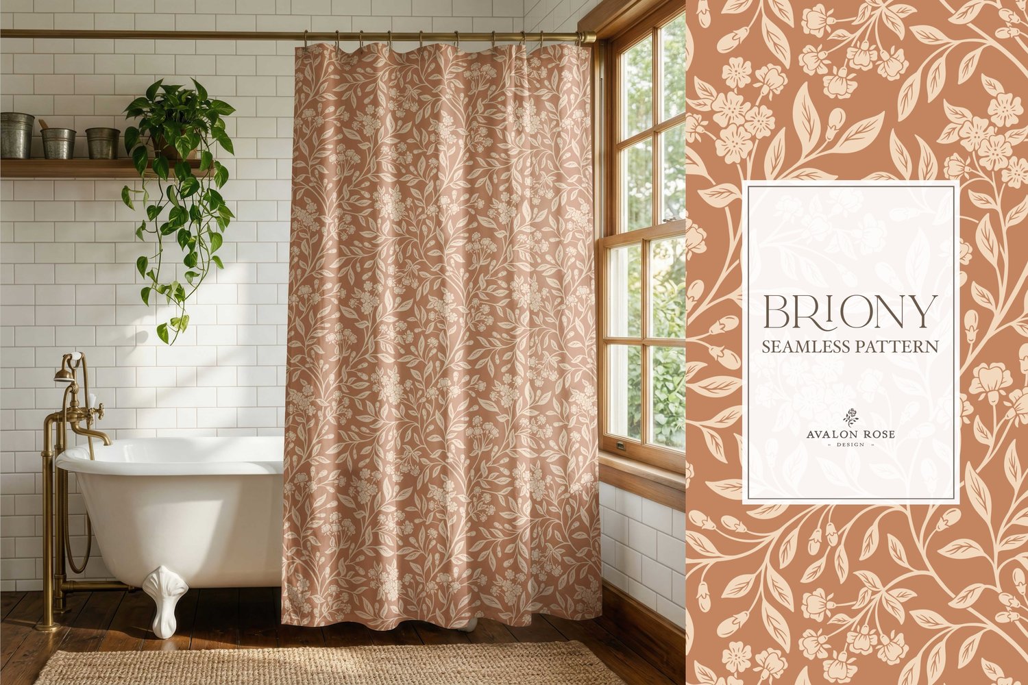 Vintage-inspired farmhouse style seamless surface pattern featuring intertwined climbing florals and leaves in terracotta