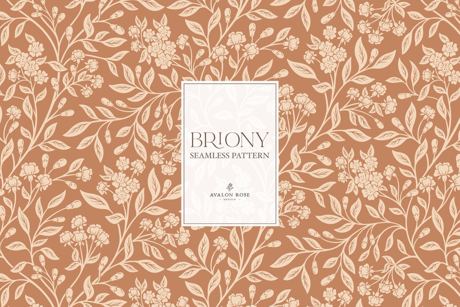 Vintage-inspired farmhouse style seamless surface pattern featuring intertwined climbing florals and leaves in terracotta