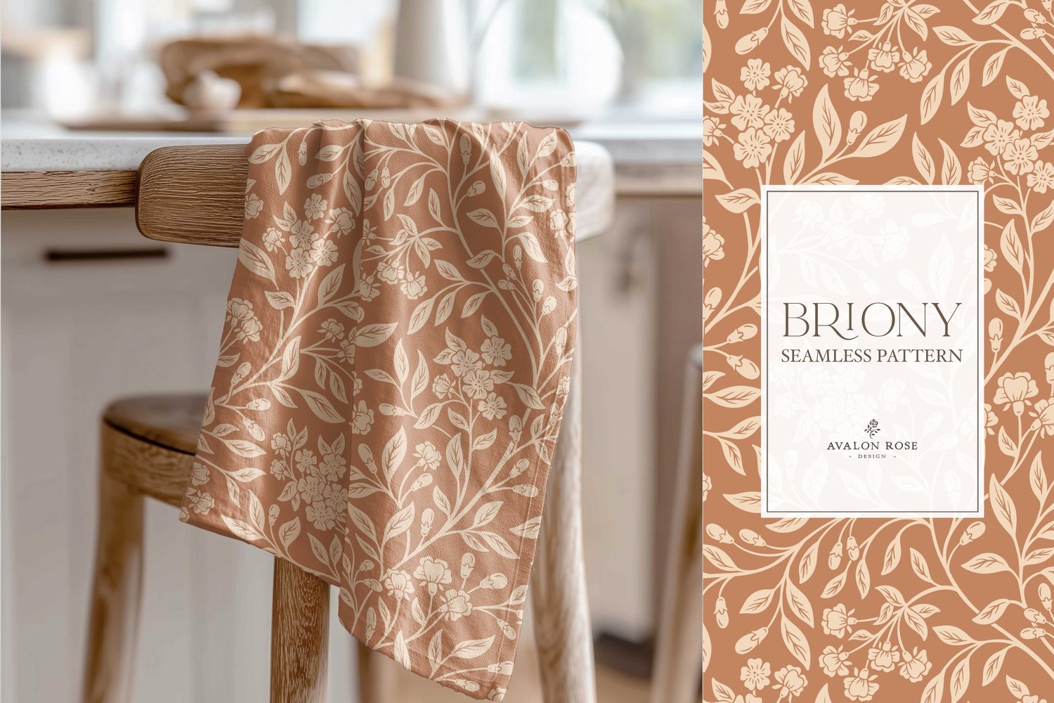 Vintage-inspired farmhouse style seamless surface pattern featuring intertwined climbing florals and leaves in terracotta