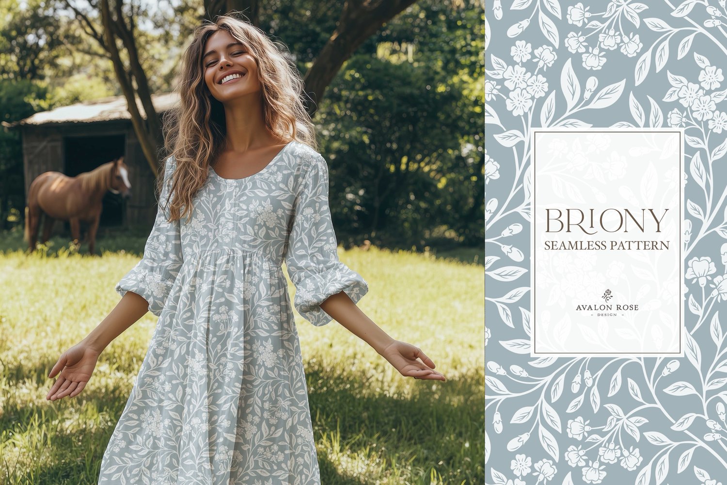 Vintage-inspired farmhouse style seamless surface pattern featuring intertwined climbing florals and leaves in pale blue and gray