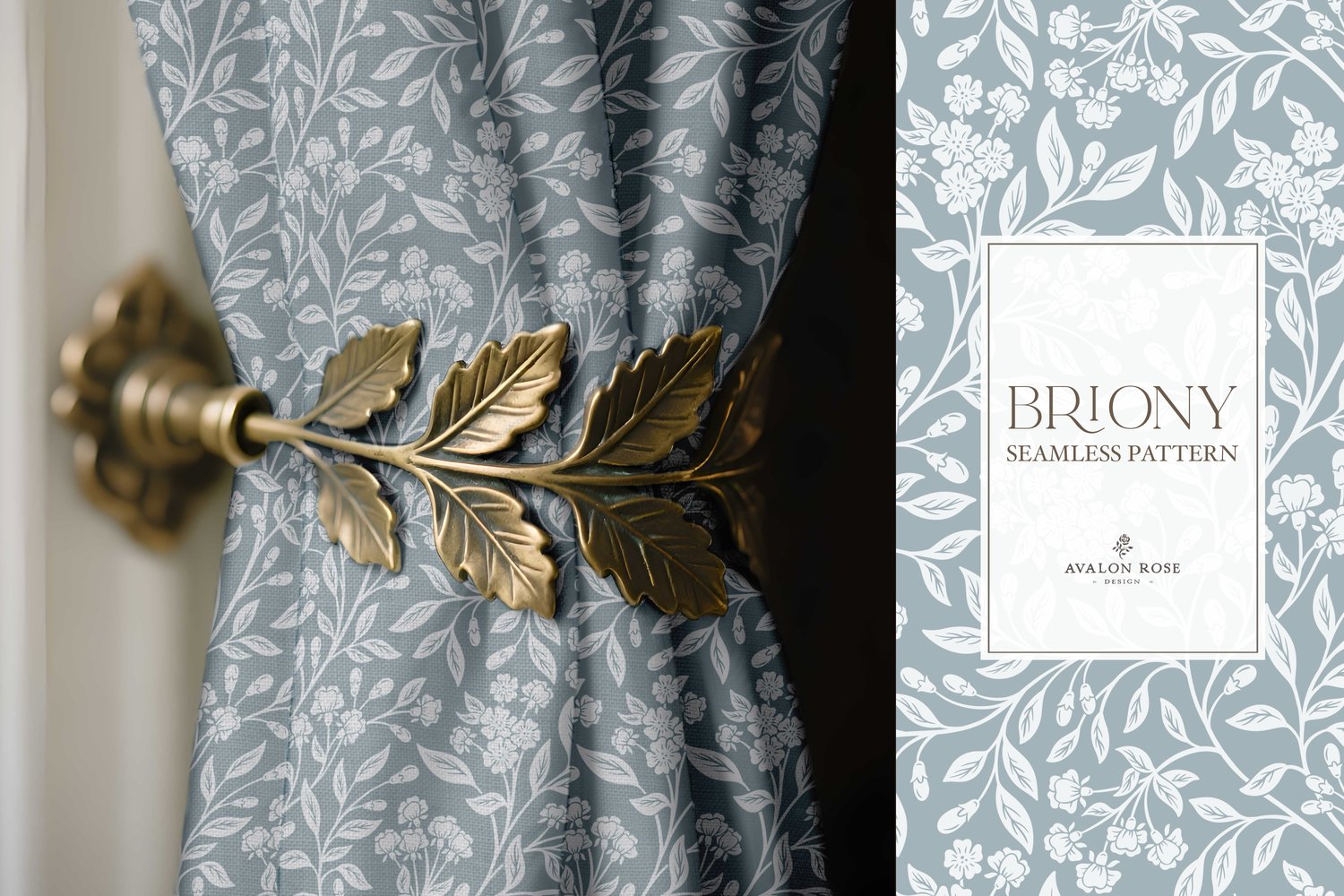 Vintage-inspired farmhouse style seamless surface pattern featuring intertwined climbing florals and leaves in pale blue and gray