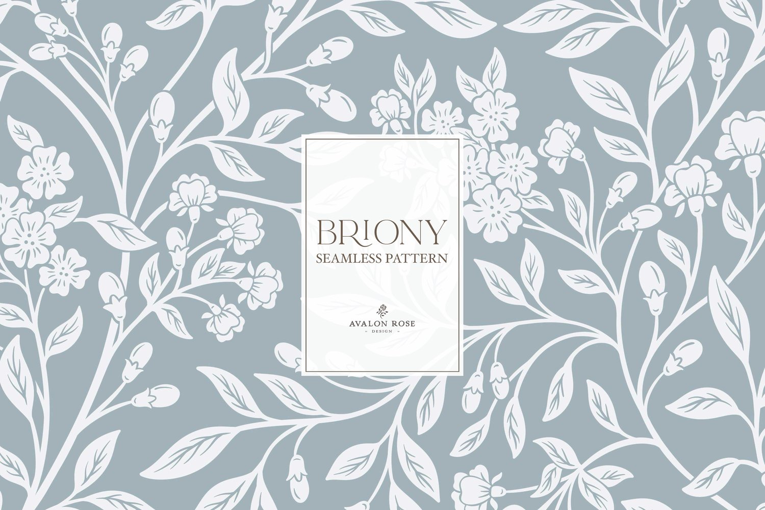 Vintage-inspired farmhouse style seamless surface pattern featuring intertwined climbing florals and leaves in pale blue and gray