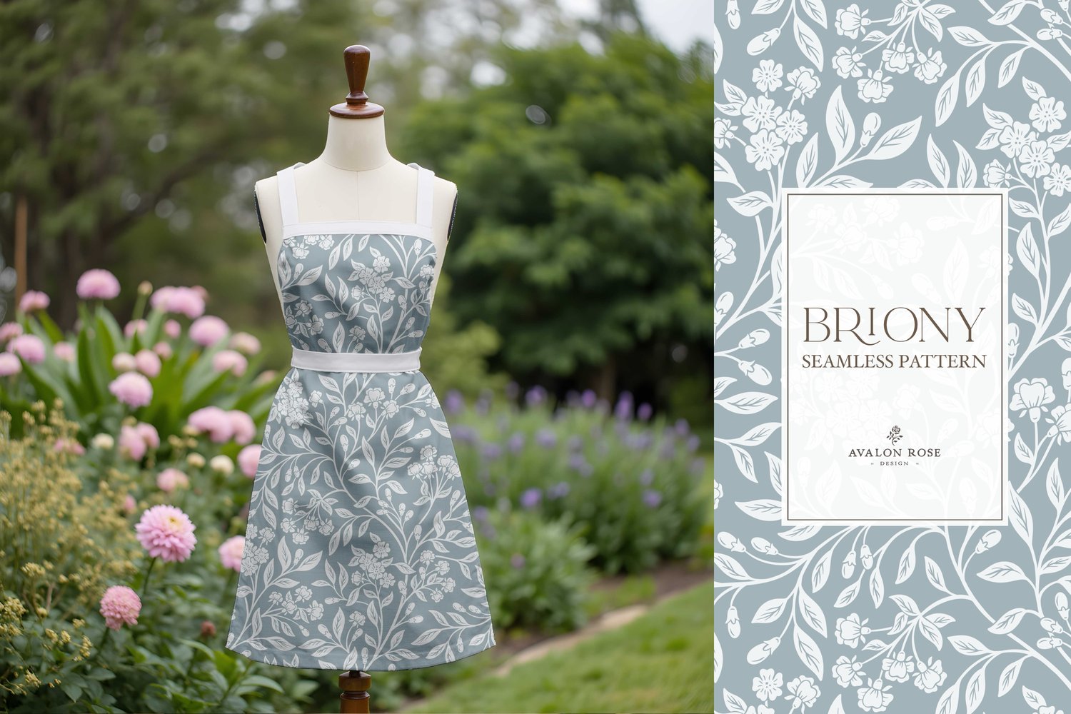 Vintage-inspired farmhouse style seamless surface pattern featuring intertwined climbing florals and leaves in pale blue and gray