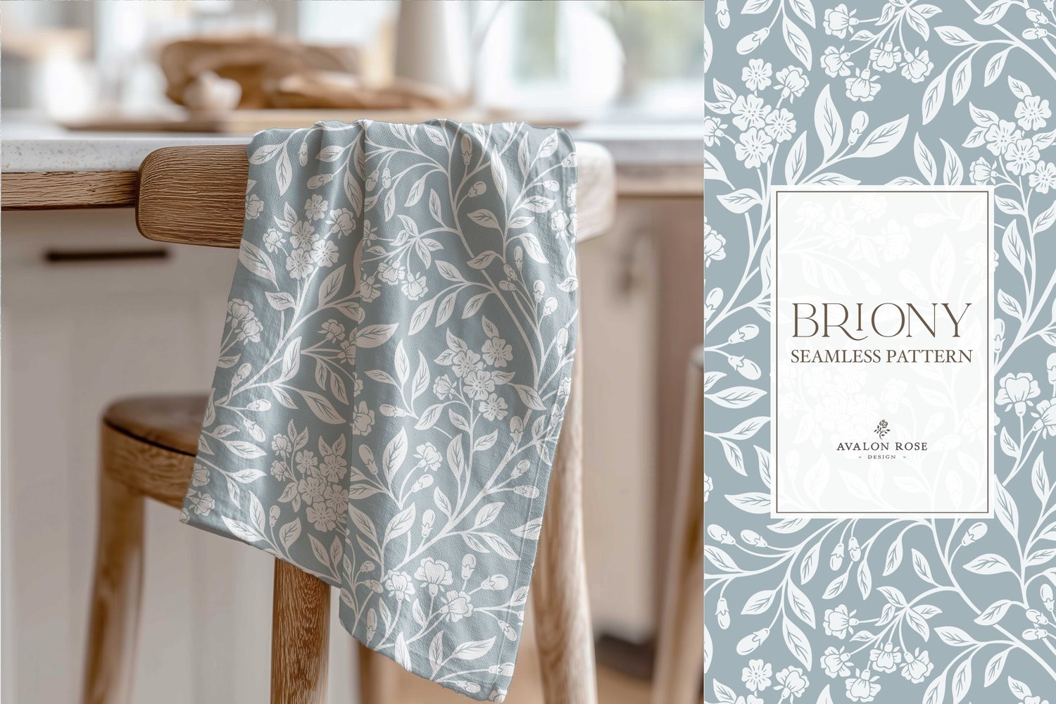 Vintage-inspired farmhouse style seamless surface pattern featuring intertwined climbing florals and leaves in pale blue and gray