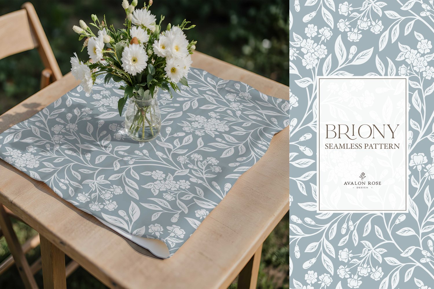 Vintage-inspired farmhouse style seamless surface pattern featuring intertwined climbing florals and leaves in pale blue and gray