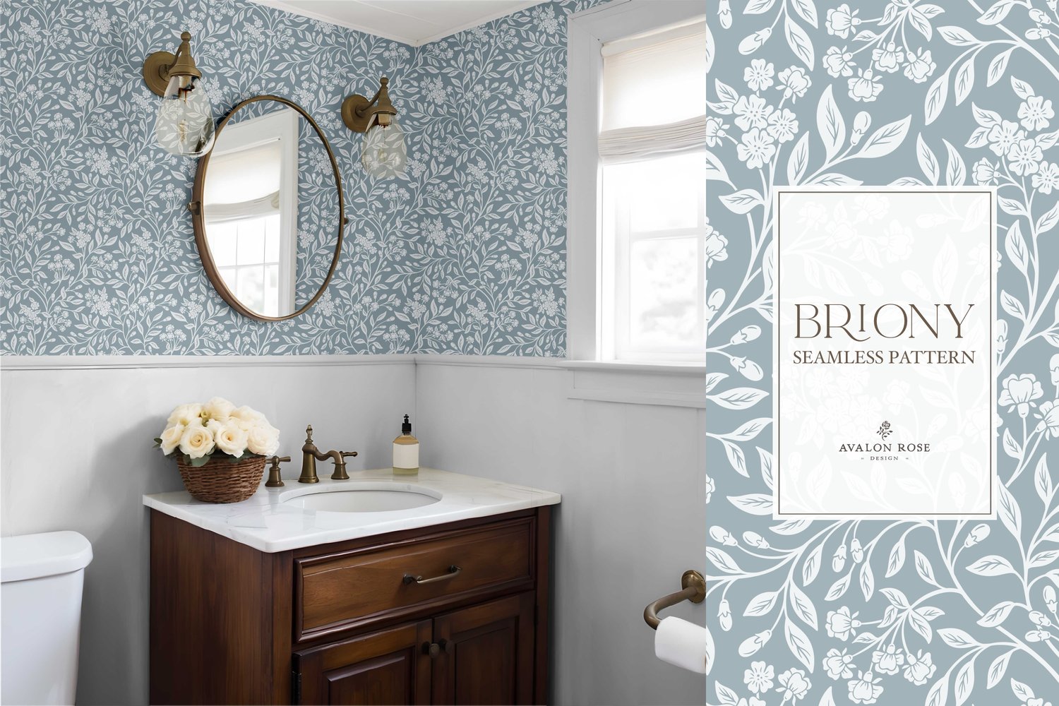 Vintage-inspired farmhouse style seamless surface pattern featuring intertwined climbing florals and leaves in pale blue and gray