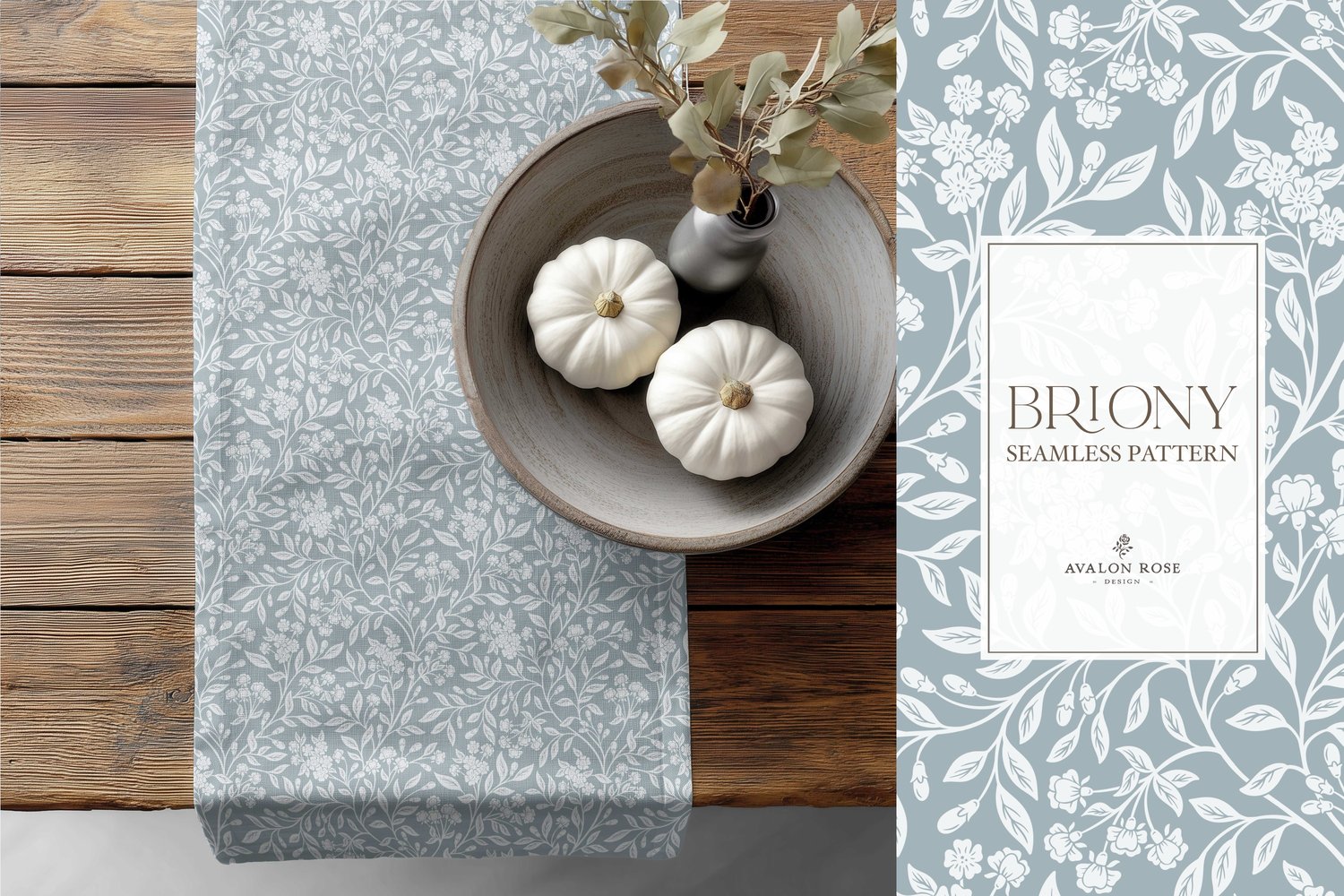 Vintage-inspired farmhouse style seamless surface pattern featuring intertwined climbing florals and leaves in pale blue and gray
