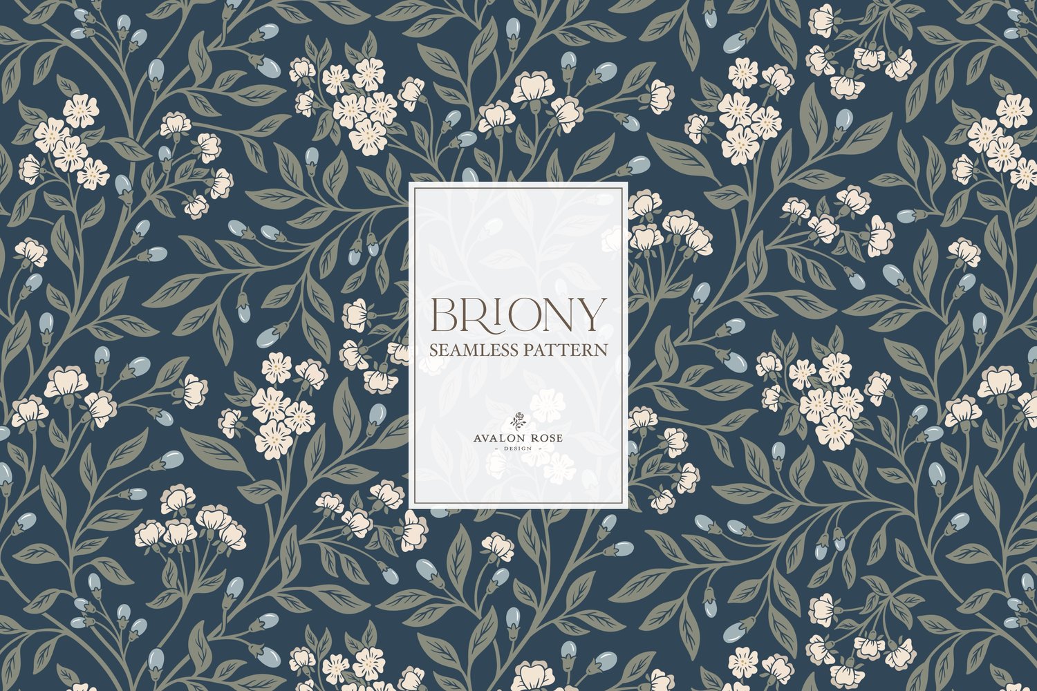 Vintage-inspired farmhouse style seamless surface pattern featuring intertwined climbing florals and leaves in navy, blue, cream, and green