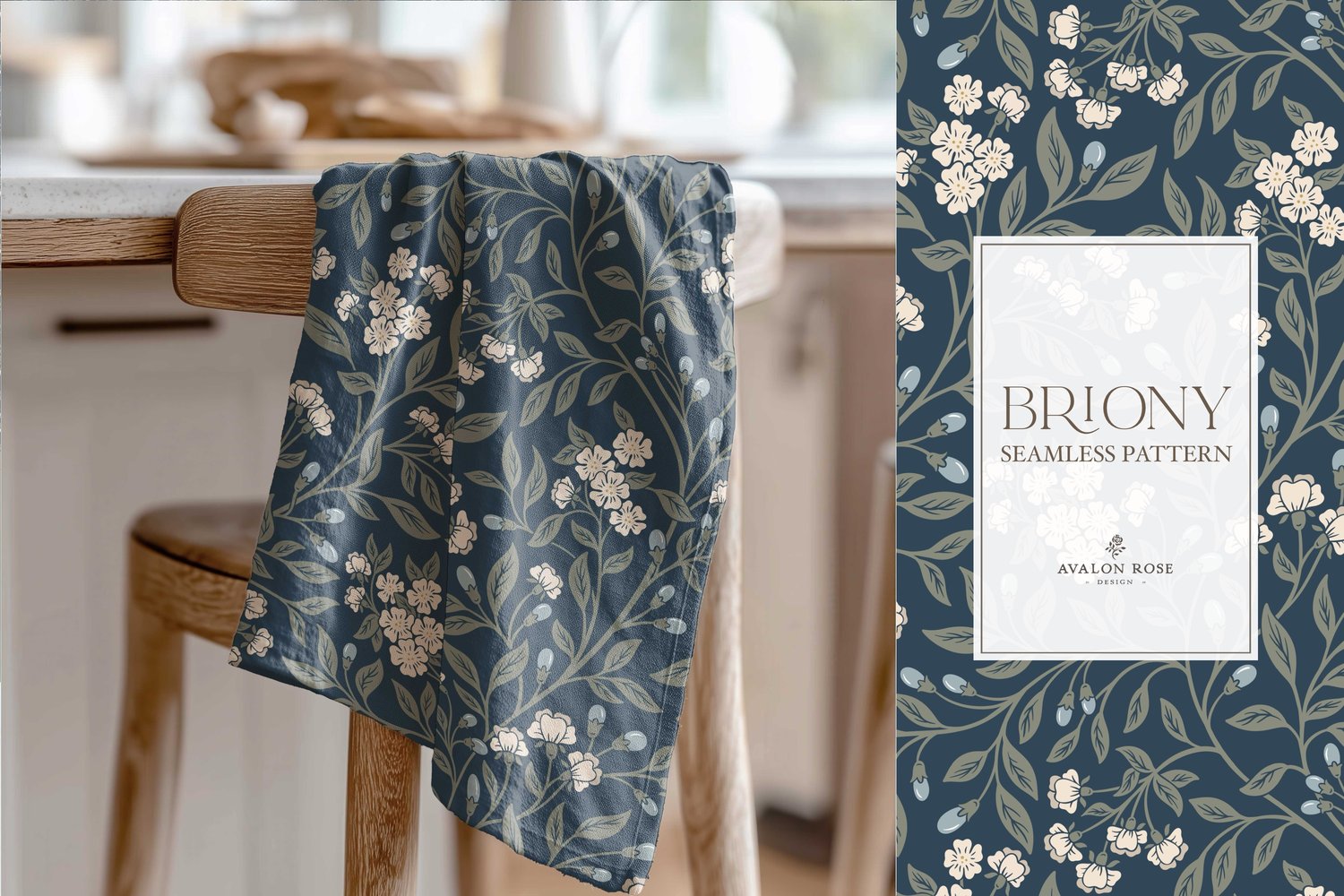 Vintage-inspired farmhouse style seamless surface pattern featuring intertwined climbing florals and leaves in navy, blue, cream, and green