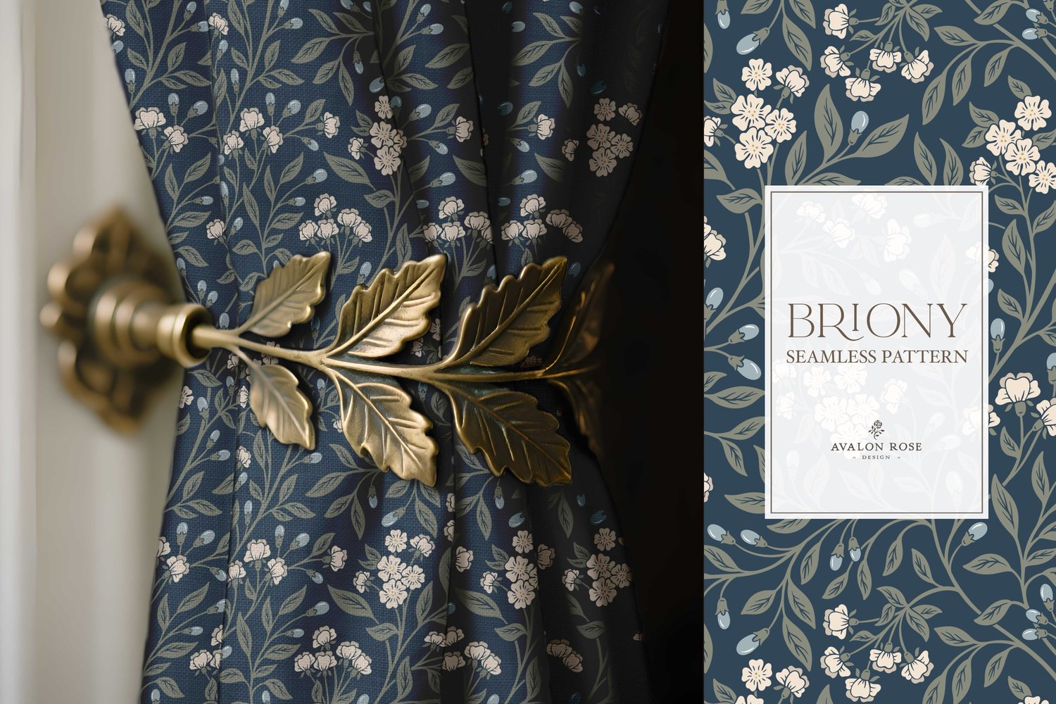 Vintage-inspired farmhouse style seamless surface pattern featuring intertwined climbing florals and leaves in navy, blue, cream, and green