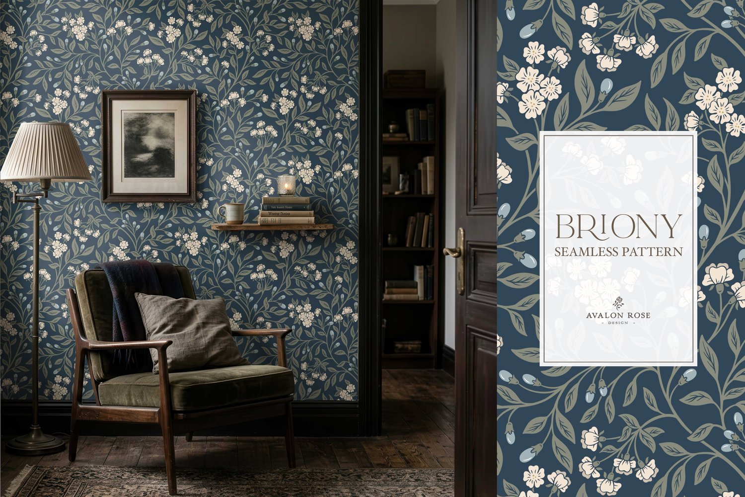 Vintage-inspired farmhouse style seamless surface pattern featuring intertwined climbing florals and leaves in navy, blue, cream, and green