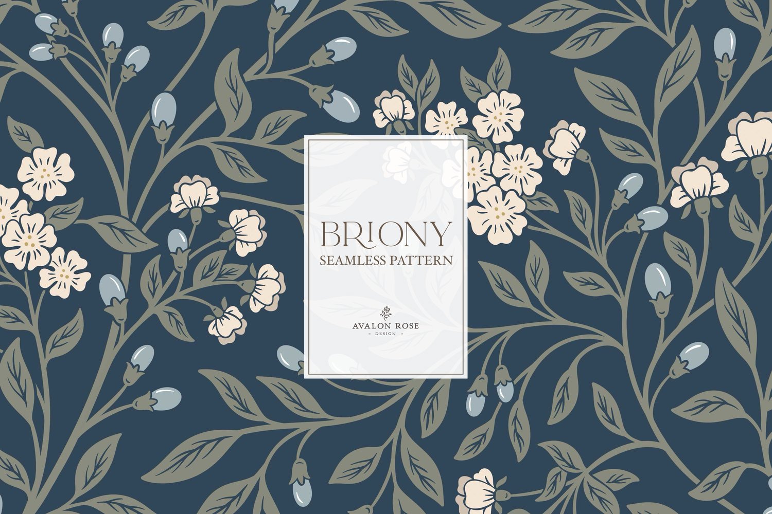 Vintage-inspired farmhouse style seamless surface pattern featuring intertwined climbing florals and leaves in navy, blue, cream, and green