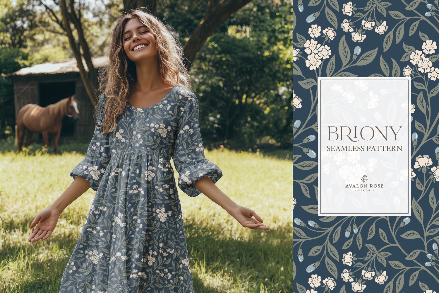 Vintage-inspired farmhouse style seamless surface pattern featuring intertwined climbing florals and leaves in navy, blue, cream, and green